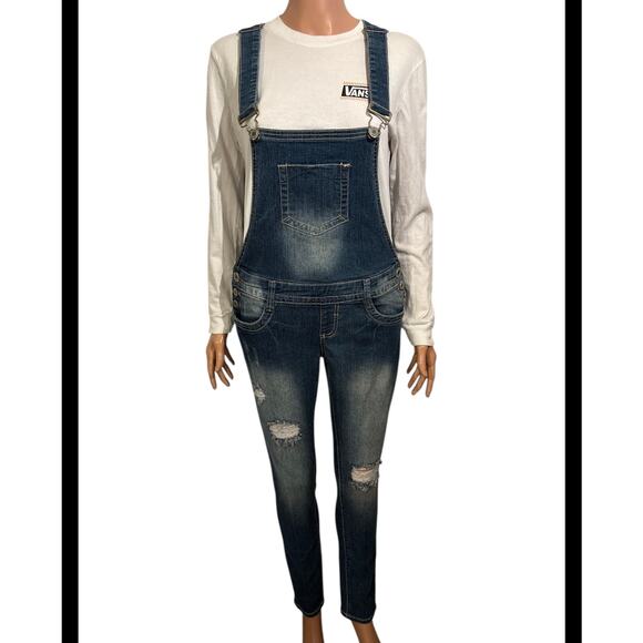 Almost Famous Blue Denim Overalls Juniors Size Small - Picture 2 of 9